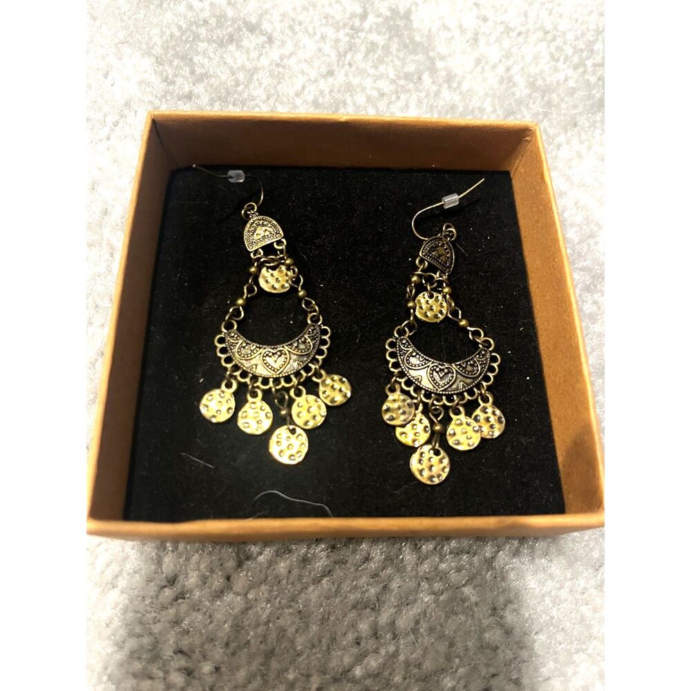 Antique gold tone bohemian chandelier earrings crescent moon design disc tassels